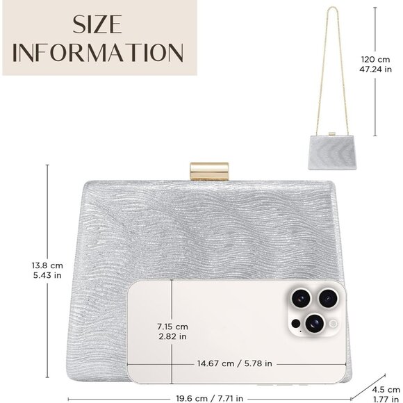 ⚡ Women's Detachable Chain Sparkly Evening Formal Parties Silver Clutch Bag - Picture 6 of 9